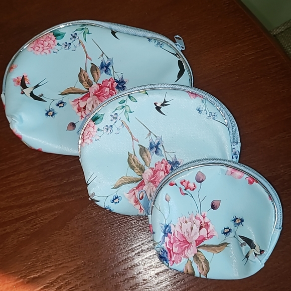 Set of 3 New Cosmetic Make Up Trinket Bags Blue Floral Birds - Picture 1 of 3